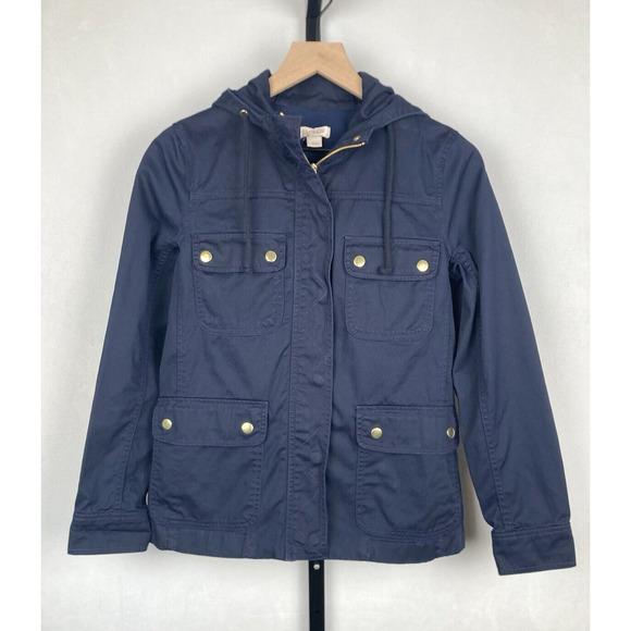 J. Crew Resin-Coated Twill Field Jacket with Hood XS Navy Blue Pockets Full Zip - Picture 2 of 12